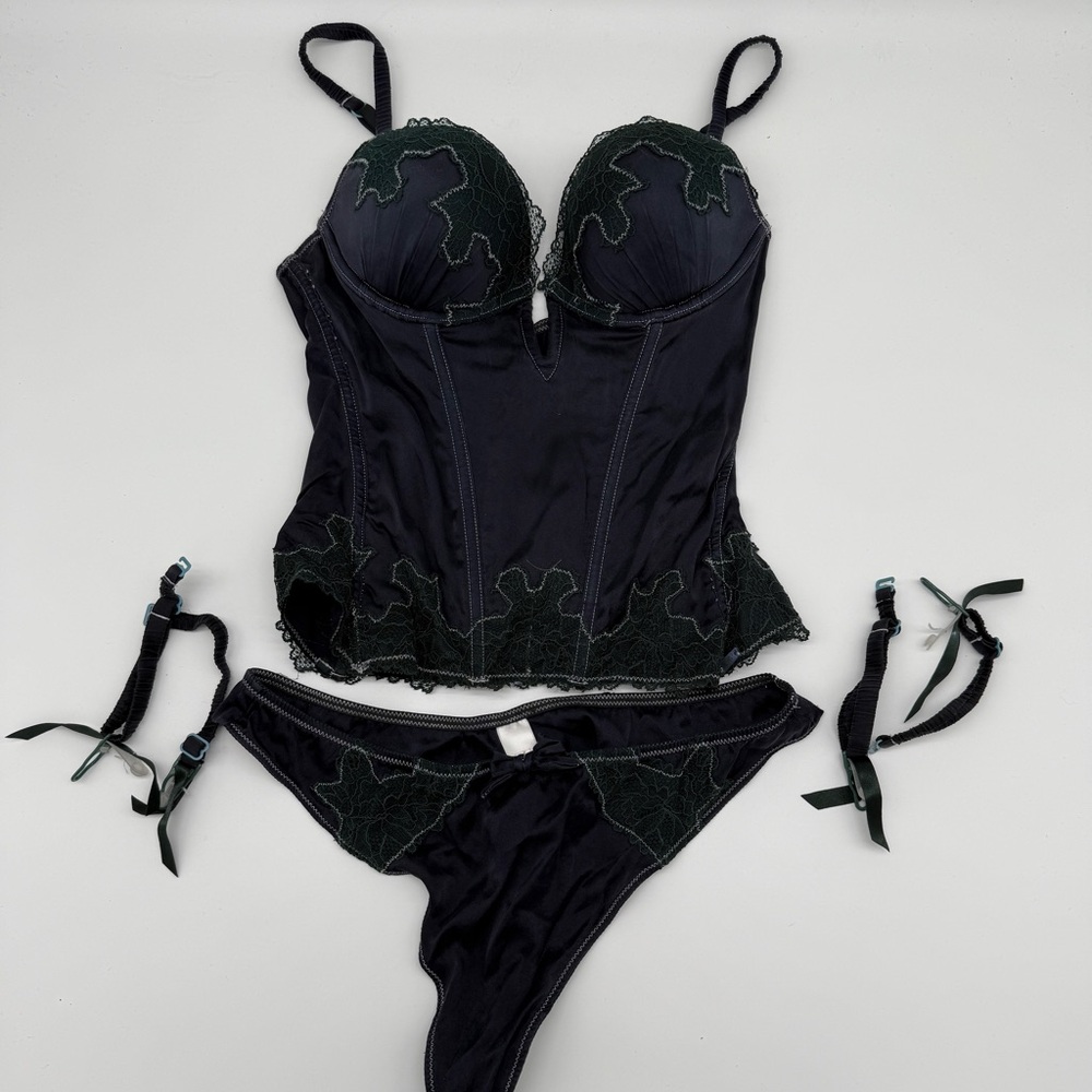 Rosy Hand Dyed Dark Teal Corset Bra, Panty and Garter